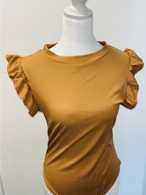 SHEIN Mustard Ribbed Ruffle Sleeve Tee